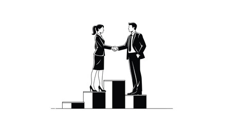 Minimalist black and white illustration of a businessman and businesswoman shaking hands on a podium symbolizing a business deal.