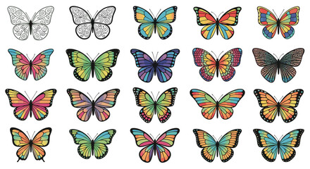 Fototapeta premium Diverse collection of colorful butterfly illustrations and outlines for design elements and creative projects on a white background.