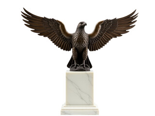Fototapeta premium A majestic eagle sits atop a white marble pedestal, exuding strength and freedom