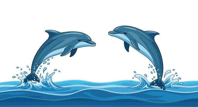 Two happy and playful blue dolphins jumping together out of the ocean waves with water splashing in a cute cartoon illustration.