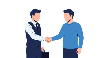 Simple flat design illustration of two faceless businessmen shaking hands in agreement on a deal isolated on white background.