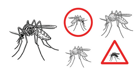 Set of black and white mosquito illustrations including warning signs for pest control and health awareness campaigns.