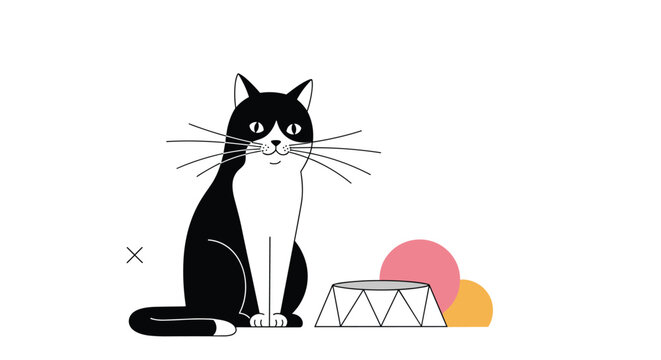 A minimalist and modern illustration of a black and white tuxedo cat sitting next to an empty bowl with abstract shapes.