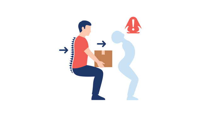 Ergonomic safety infographic showing the correct and incorrect posture for lifting heavy boxes to prevent serious back injury.