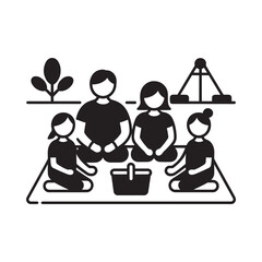 Family enjoying a picnic outdoors with a basket and tent nearby