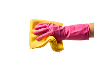 A hand wearing a pink rubber glove holding a yellow cloth isolated on transparent background