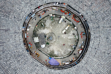 Aerial View of Traditional Round Building Interior