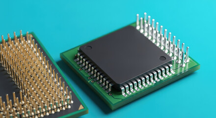 Advanced Microchip Technology Close Up of Computer Processors on a Blue Surface Showcasing Modern Computing Power and Technological Advancement