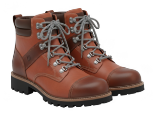 Pair of brown leather hiking boots with colorful laces isolated on transparent background