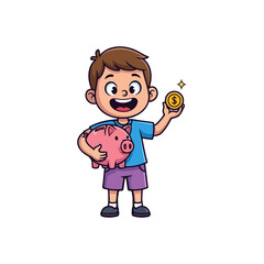 Saving Smart: A young boy, beaming with a smile, holds a glistening coin while clutching a pink piggy bank, representing the joyful start to a future of prosperity.
