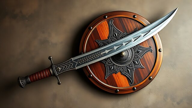 rajput. Traditional Rajput curved sword and shield with detailed metalwork on textured background. event programs, museum guides, designed for cultural heritage projects and event programs.
