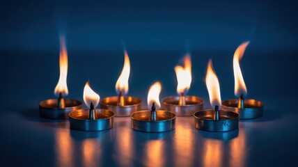Candle lights arranged in a row on dark background