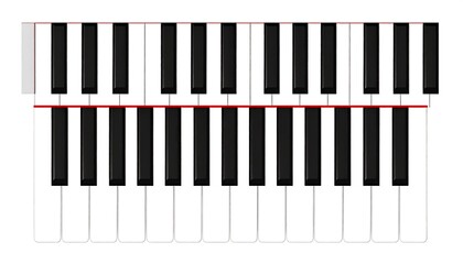 A digital illustration depicts a piano keyboard with two rows of keys, black and white, and a partial view of the instrument