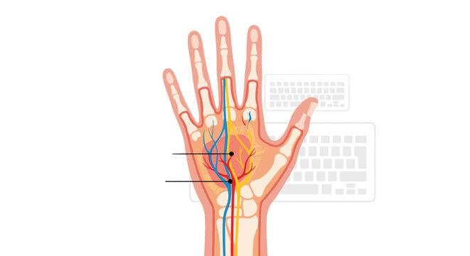 Anatomical illustration of the hand showing nerves and blood vessels, with keyboard outlines representing carpal tunnel syndrome.