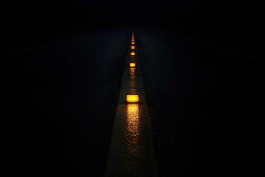 Glowing yellow road reflectors provide essential guidance for safety on a dark highway at night.