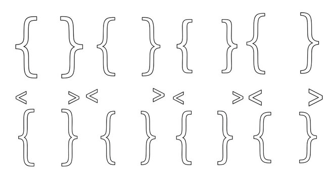 Set of curly brackets and angle brackets in a simple black outline style, used for coding, mathematics, and typography design.