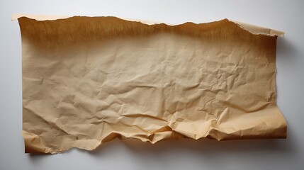 Crumpled brown paper sheet with torn edges on gray background crumpled paper texture