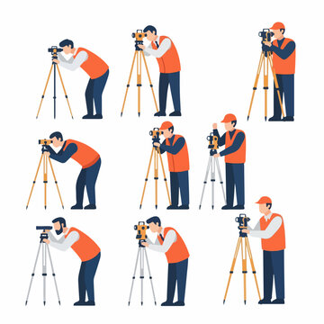Collection of Land Surveyors and Engineers Working with Professional Geodetic and Topographic Measurement Instruments on Tripods, Isolated Vector Set.