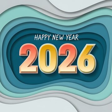 Happy new year 2026 greeting card with colorful paper cut background design