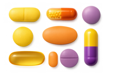 Medicine pills and capsules of different shapes and colors on transparent background, symbolizing health and treatment