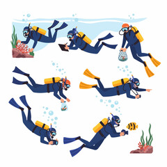 Multiple scuba divers exploring the ocean floor, participating in underwater research, marine conservation, and wildlife photography in a vibrant cartoon style. © Nadhirotul