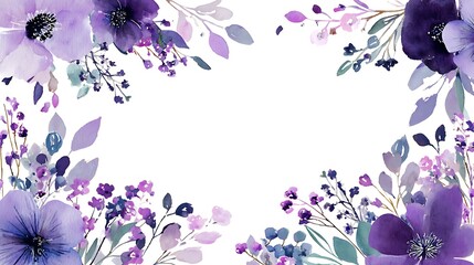 Purple flowers and leaves on white background border floral border watercolor