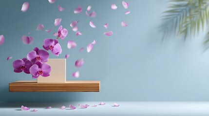 Purple orchids and petals on a wooden shelf with a beige box pink petals blue background