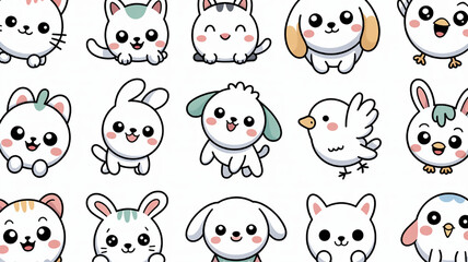 Collection of cute kawaii animal icons including cats dogs rabbits and birds perfect for childrens apps and designs isolated on white