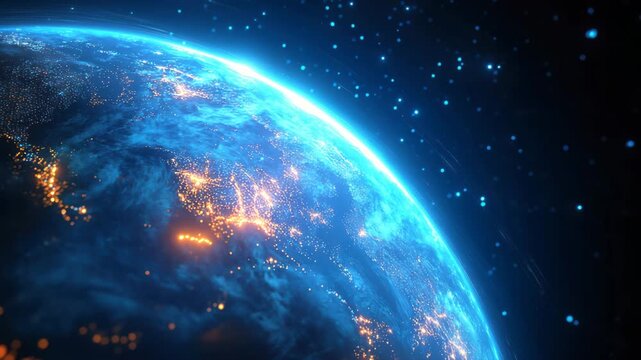 A stunning visual representation of earth from space with illuminated city lights on a dark background with stars 4k video