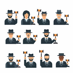 Flat design vector avatars of diverse auctioneers, judges, or legal professionals holding gavels, illustrating concepts of law, justice, and business auction.