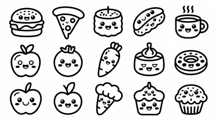 Kawaii food icons collection cute hand drawn vector illustrations of popular snacks and meals perfect for childrens designs and playful branding