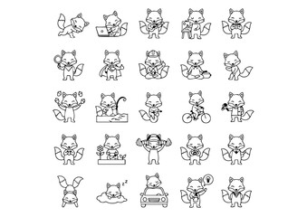 Naklejka premium Clever Fox Icon Set: 25 Black & White Vector Activities, Minimalist Fox Character Graphics: Action Outline Pack, Vector Red Fox Activity Icons: Diverse Black Line Art