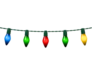 Colorful christmas lights string with blue, green, red, and yellow bulbs isolated on transparent background