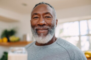 Smiling Older Man Making Protein Smoothie in Sunlit Kitchen