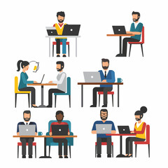 Modern flat design illustration of diverse professionals and remote workers sitting at desks, using laptops for business communication and digital work.