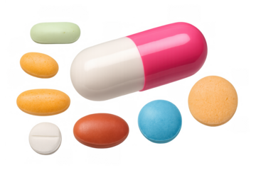 Assorted colorful pills and capsules representing healthcare, medicine, and wellness on a transparent background