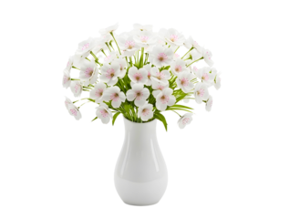 Beautiful bouquet of white and pink flowers in a white vase on transparent background