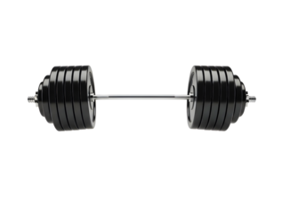 A weightlifting barbell with heavy black weights on both ends isolated on transparent background