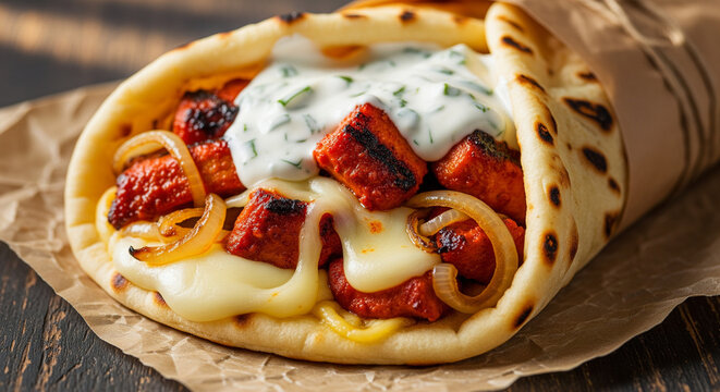 Ultra-detailed food photography of a stuffed naan wrap filled with spicy grilled chicken, melted mozzarella, caramelized onions, and garlic yogurt sauce