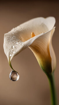 Dewdrop Embrace: A delicate calla lily, pristine white petals gently curve, a single, glistening water droplet poised on the edge, reflecting its surroundings.