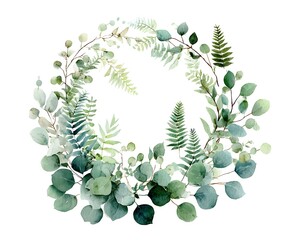 Watercolor eucalyptus and fern wreath on white background green