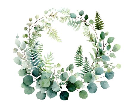 Watercolor eucalyptus and fern wreath on white background green