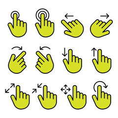 Collection of yellow hand icons demonstrating various touch and gesture controls