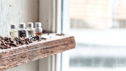 valerian. Dried valerian roots and small bottles on a rustic wooden shelf. menu design, packaging mockups, designed for culinary blogs and recipe cards for restaurants.