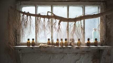 valerian. Dried valerian roots and small bottles on a rustic wooden shelf. menu design, packaging mockups, designed for culinary blogs and recipe cards for restaurants.