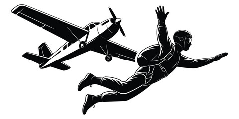 skydiving silhouette illustration showing a person jumping from an airplane, freefalling in open air, representing extreme sports, adventure, thrill, and outdoor activity in vector style. © CREATIVE MUNNA