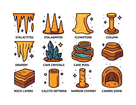 Colorful Cave Icons. Cave Formations. Colorful isometric vector