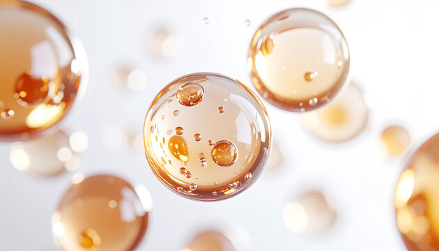 琥珀色の美容成分分子が浮遊する高品質3Dイメージ・レチノールやビタミンC誘導体を想起させる先端美容サイエンスビジュアル｜Amber beauty ingredient molecules floating in high-quality 3D visual, advanced skincare science evoking retinol and vitamin C derivatives