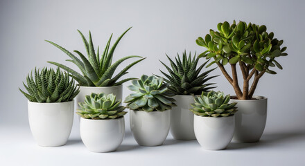 Obraz premium A Serene Collection of Succulents in White Ceramic Pots Displayed Against a Neutral Backdrop Showcasing Various Shapes Textures and Shades of Green for Home Decor