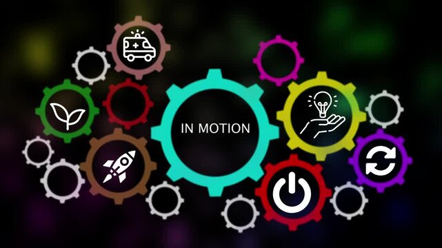 Gears with Icons Representing Innovation Healthcare and Progress In Motion Keywords: gears, cogwheels, interconnected, system, mechanism